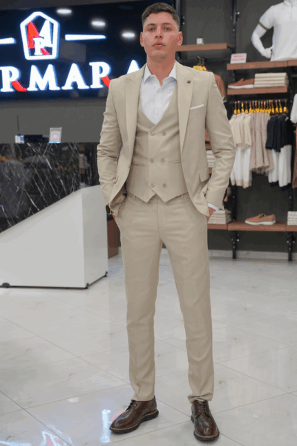Costume homme 3 pièces beige clair avec chemise offerte