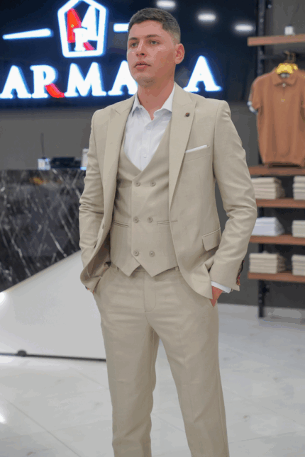 Costume homme 3 pièces beige clair avec chemise offerte